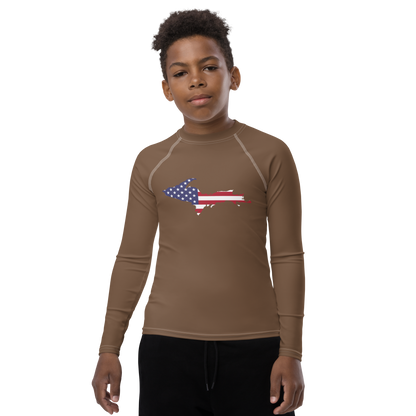 Michigan Upper Peninsula Rash Guard (w/ UP USA Flag) | Youth - Coffee Color