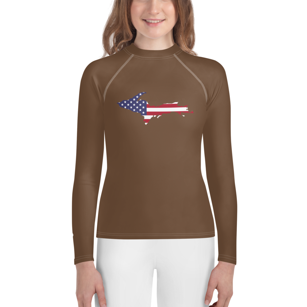 Michigan Upper Peninsula Rash Guard (w/ UP USA Flag) | Youth - Coffee Color