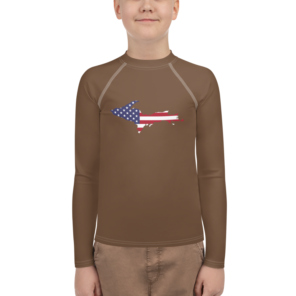 Michigan Upper Peninsula Rash Guard (w/ UP USA Flag) | Youth - Coffee Color