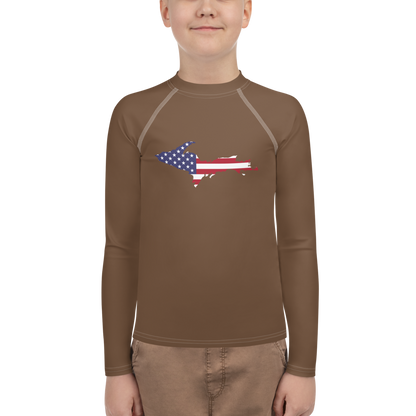 Michigan Upper Peninsula Rash Guard (w/ UP USA Flag) | Youth - Coffee Color