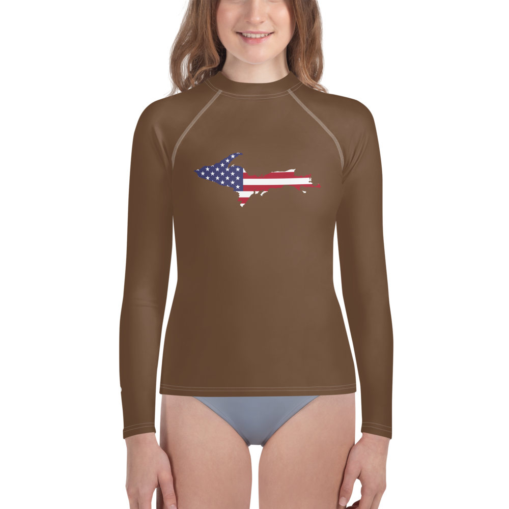 Michigan Upper Peninsula Rash Guard (w/ UP USA Flag) | Youth - Coffee Color