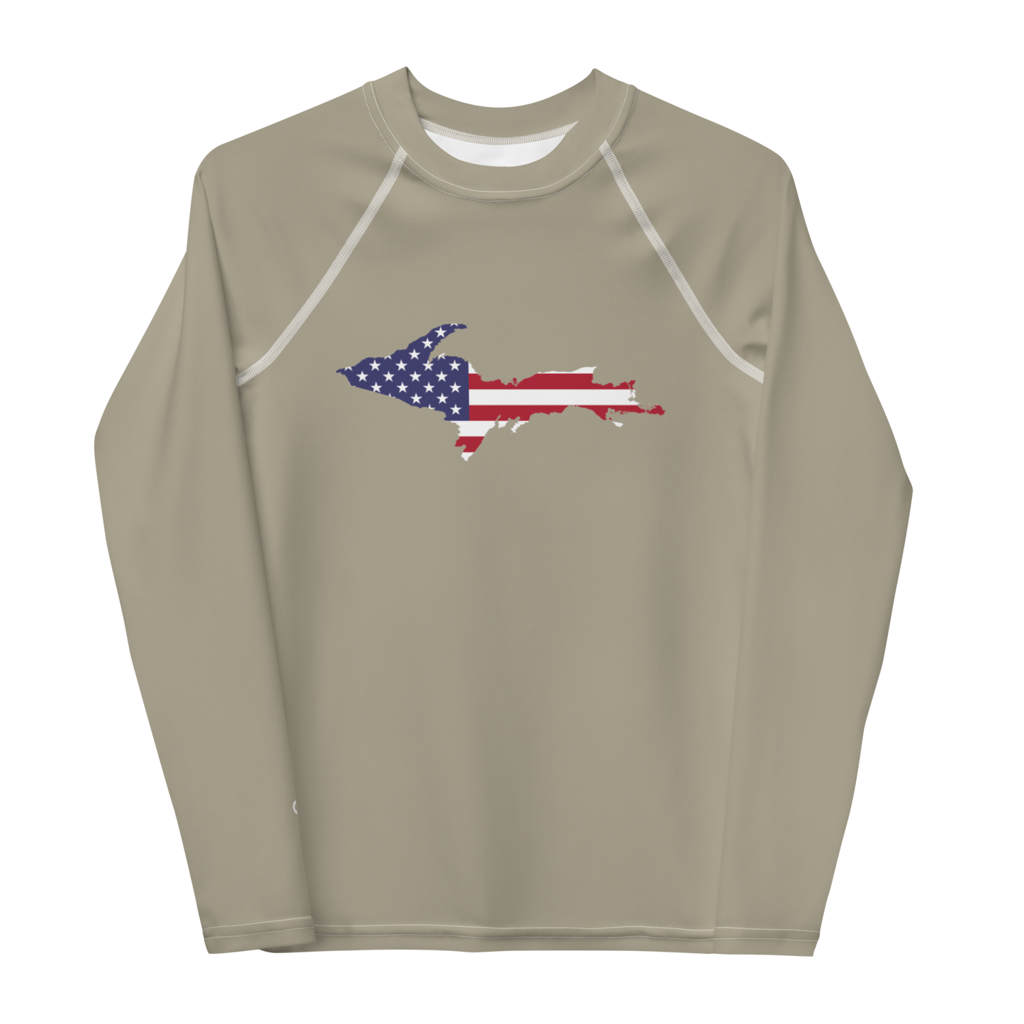 Michigan Upper Peninsula Rash Guard (w/ UP USA Flag) | Youth - Petoskey Stone Beige