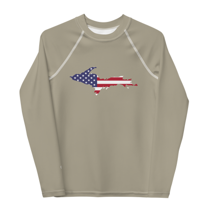 Michigan Upper Peninsula Rash Guard (w/ UP USA Flag) | Youth - Petoskey Stone Beige