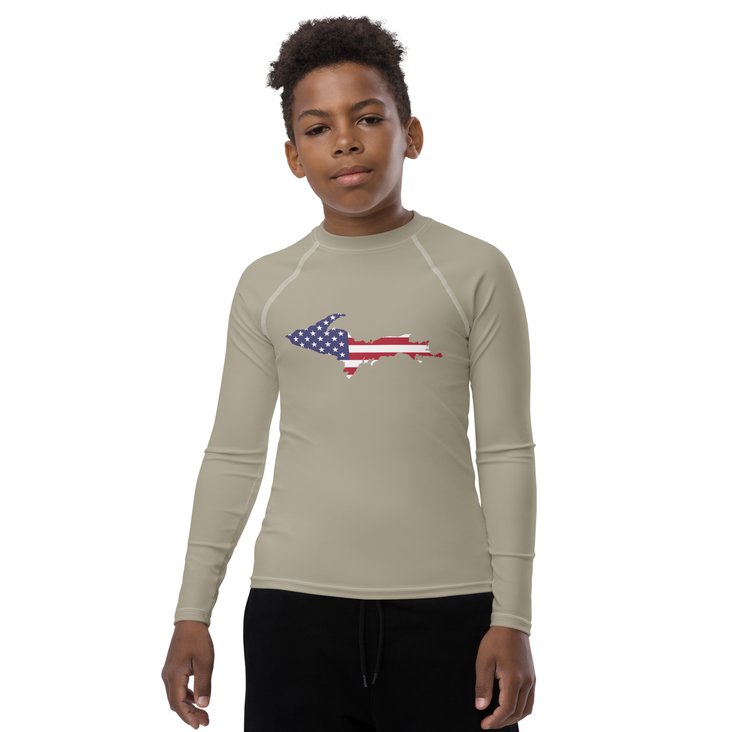 Michigan Upper Peninsula Rash Guard (w/ UP USA Flag) | Youth - Petoskey Stone Beige