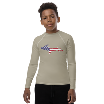 Michigan Upper Peninsula Rash Guard (w/ UP USA Flag) | Youth - Petoskey Stone Beige