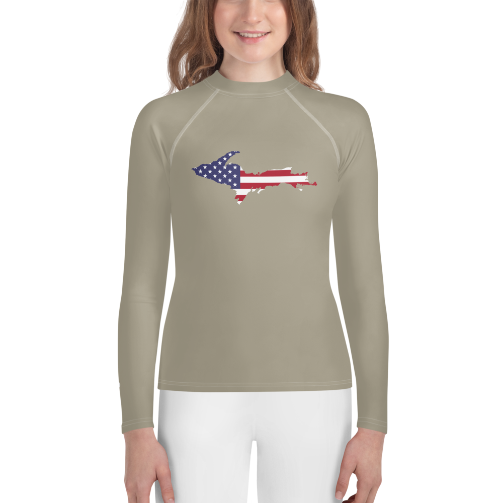 Michigan Upper Peninsula Rash Guard (w/ UP USA Flag) | Youth - Petoskey Stone Beige