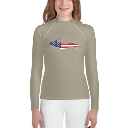 Michigan Upper Peninsula Rash Guard (w/ UP USA Flag) | Youth - Petoskey Stone Beige