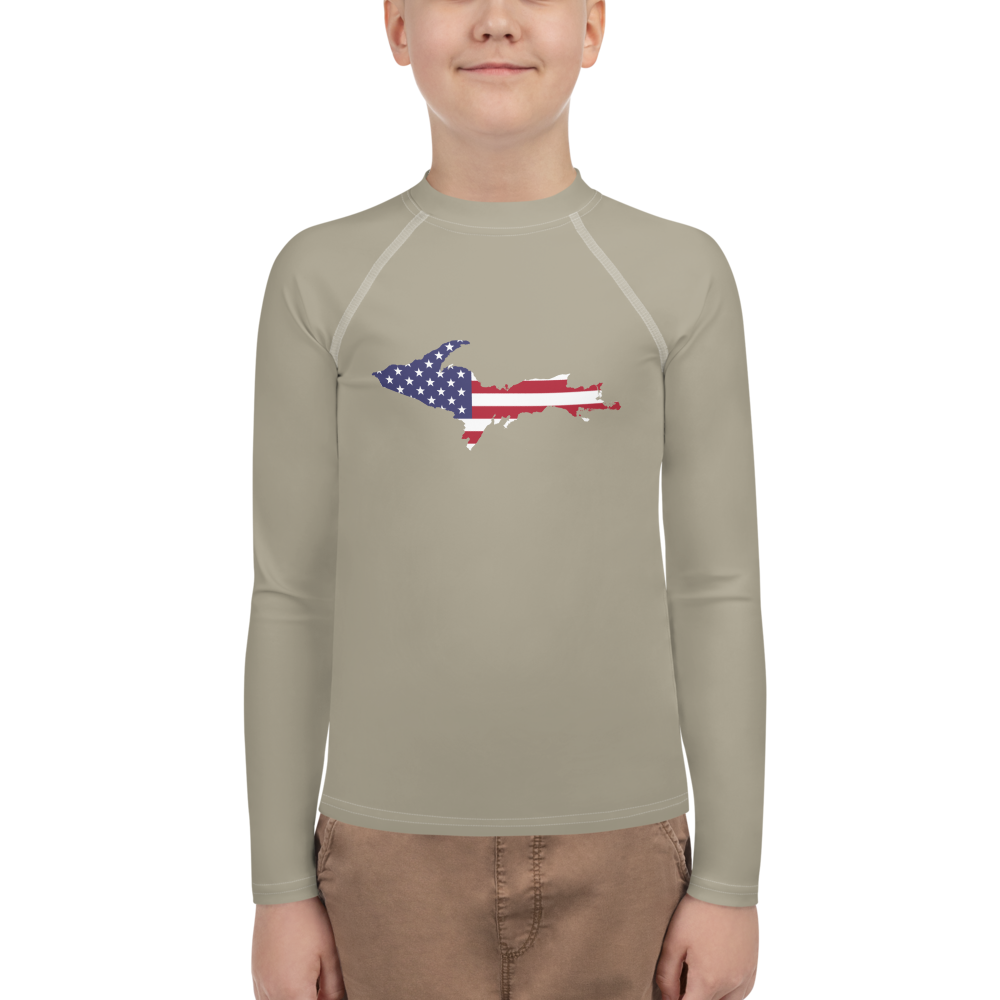 Michigan Upper Peninsula Rash Guard (w/ UP USA Flag) | Youth - Petoskey Stone Beige