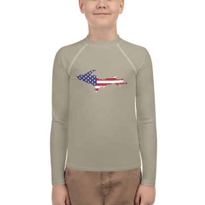 Michigan Upper Peninsula Rash Guard (w/ UP USA Flag) | Youth - Petoskey Stone Beige