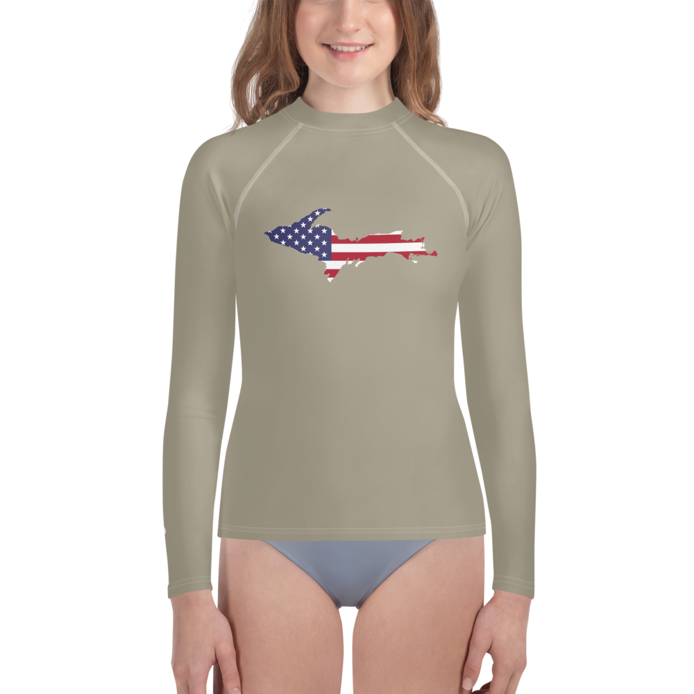 Michigan Upper Peninsula Rash Guard (w/ UP USA Flag) | Youth - Petoskey Stone Beige