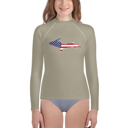 Michigan Upper Peninsula Rash Guard (w/ UP USA Flag) | Youth - Petoskey Stone Beige