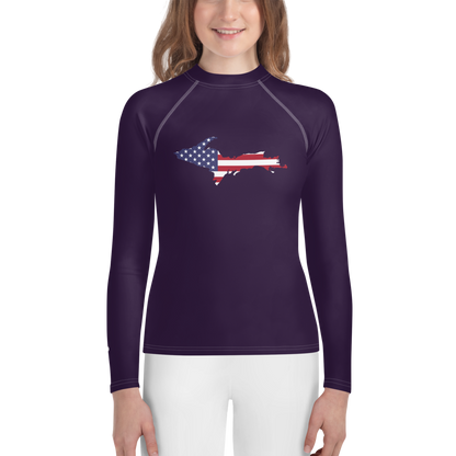 Michigan Upper Peninsula Rash Guard (w/ UP USA Flag) | Youth - Blackcurrant