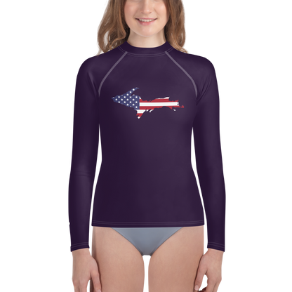 Michigan Upper Peninsula Rash Guard (w/ UP USA Flag) | Youth - Blackcurrant