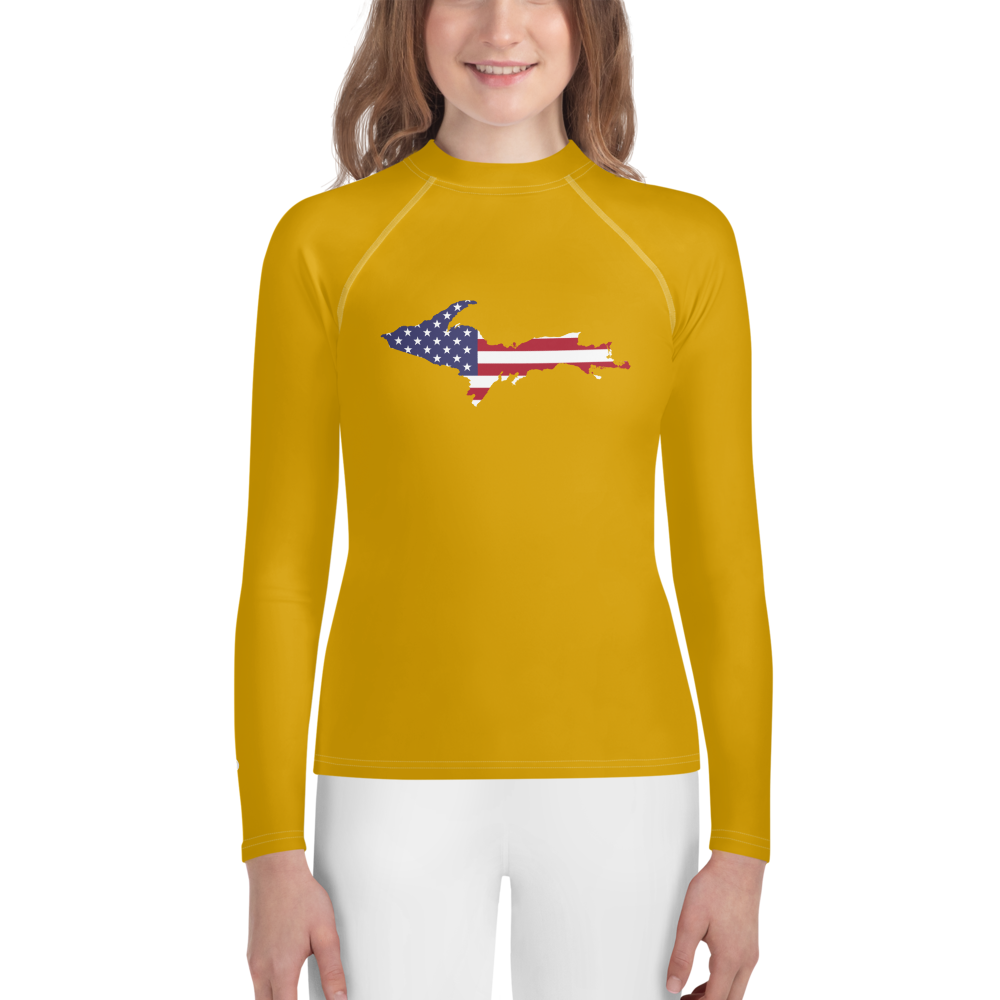 Michigan Upper Peninsula Rash Guard (w/ UP USA Flag) | Youth - Gold