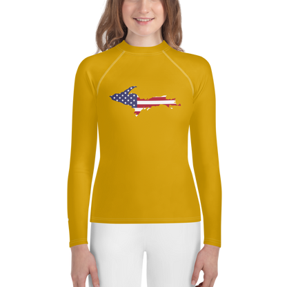 Michigan Upper Peninsula Rash Guard (w/ UP USA Flag) | Youth - Gold