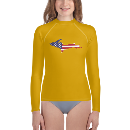 Michigan Upper Peninsula Rash Guard (w/ UP USA Flag) | Youth - Gold