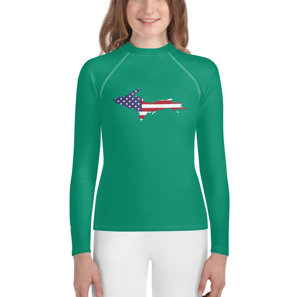 Michigan Upper Peninsula Rash Guard (w/ UP USA Flag) | Youth - Emerald Gren