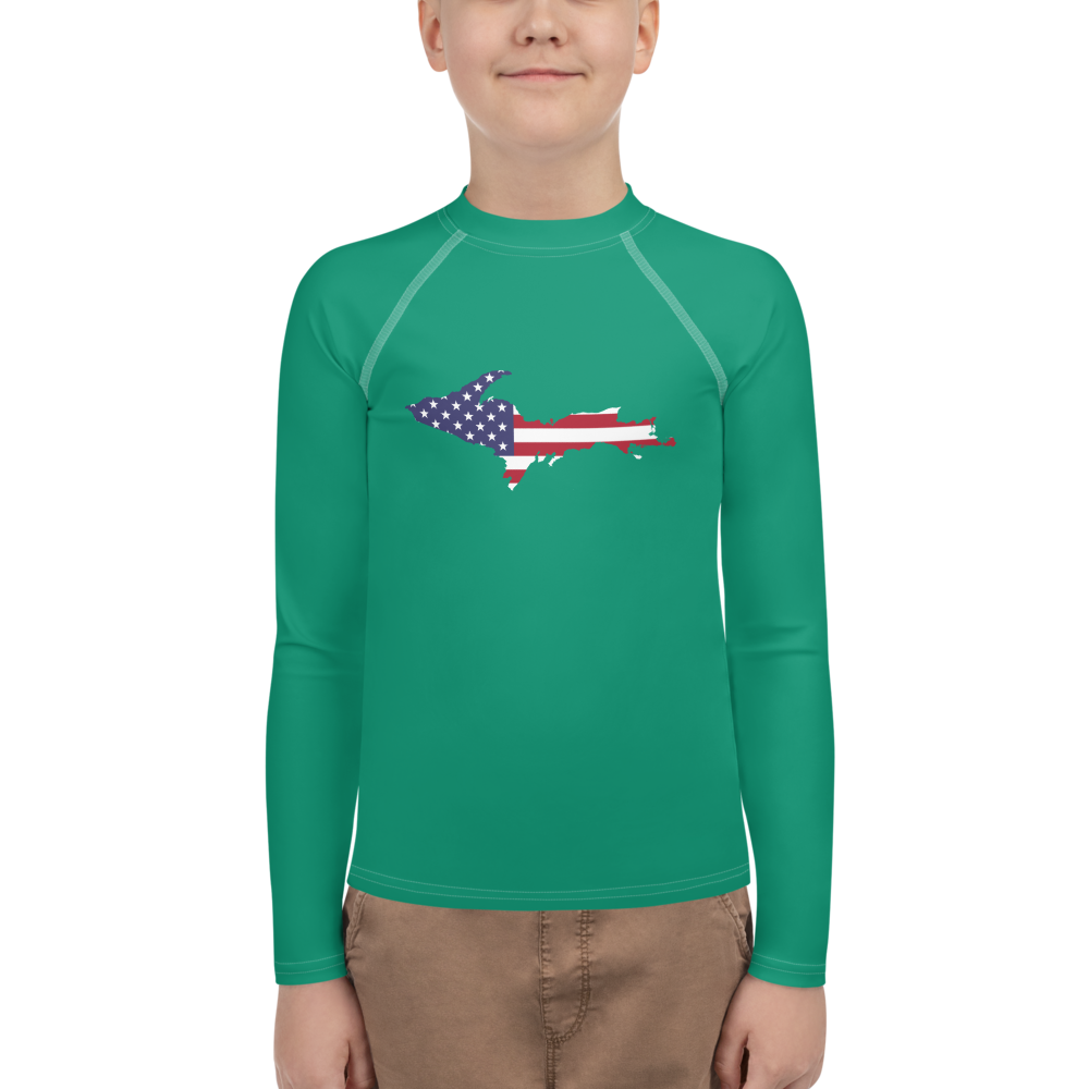 Michigan Upper Peninsula Rash Guard (w/ UP USA Flag) | Youth - Emerald Gren