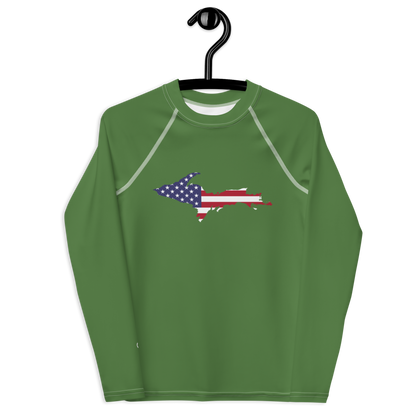 Michigan Upper Peninsula Rash Guard (w/ UP USA Flag) | Youth - Pine Green