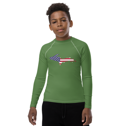 Michigan Upper Peninsula Rash Guard (w/ UP USA Flag) | Youth - Pine Green