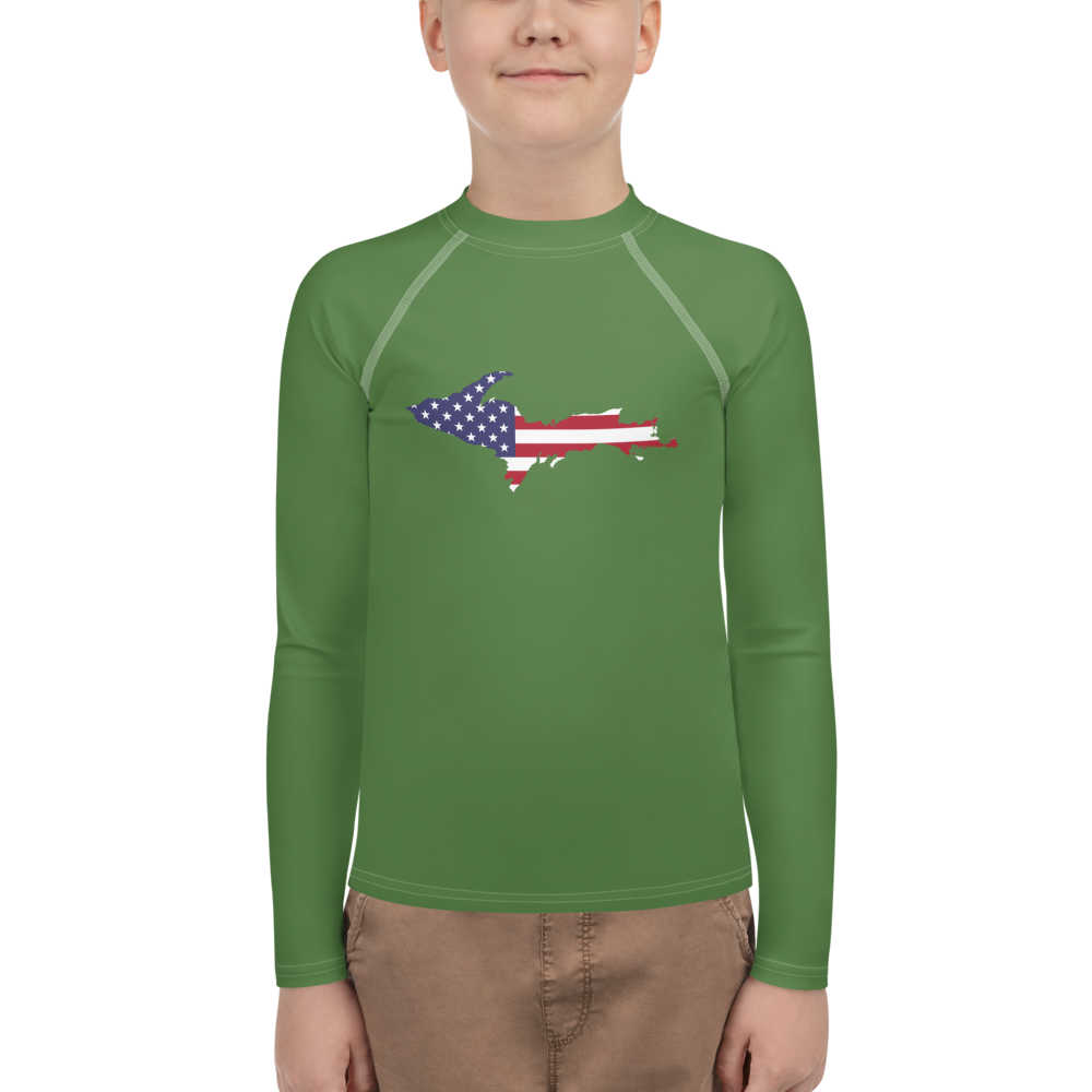 Michigan Upper Peninsula Rash Guard (w/ UP USA Flag) | Youth - Pine Green