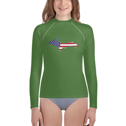 Michigan Upper Peninsula Rash Guard (w/ UP USA Flag) | Youth - Pine Green