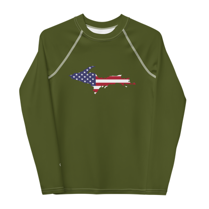 Michigan Upper Peninsula Rash Guard (w/ UP USA Flag) | Youth - Army Green