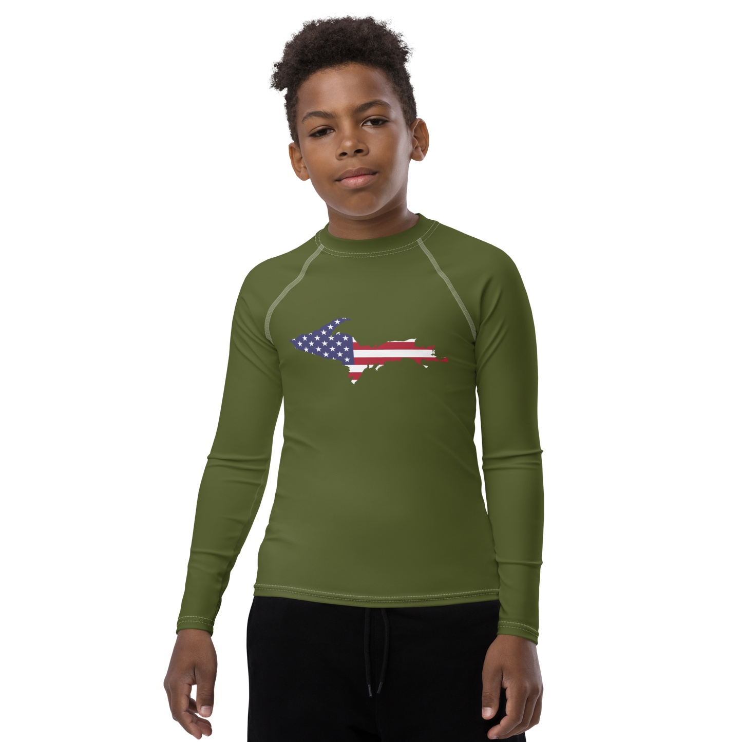 Michigan Upper Peninsula Rash Guard (w/ UP USA Flag) | Youth - Army Green