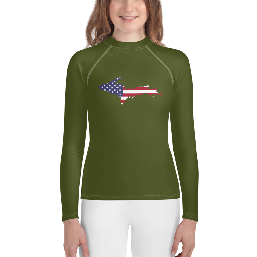 Michigan Upper Peninsula Rash Guard (w/ UP USA Flag) | Youth - Army Green