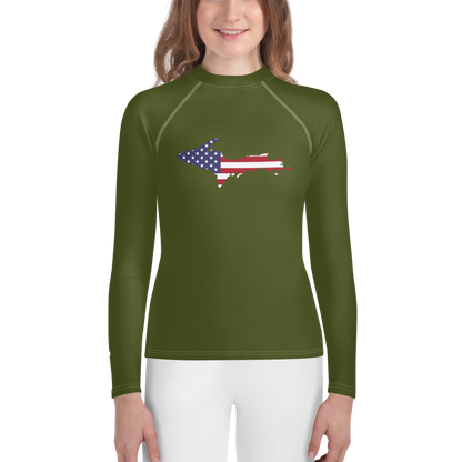 Michigan Upper Peninsula Rash Guard (w/ UP USA Flag) | Youth - Army Green