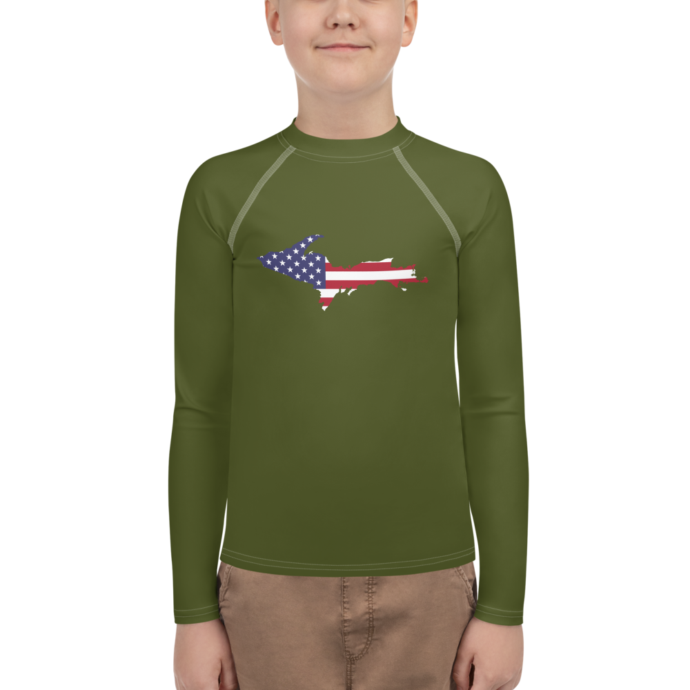 Michigan Upper Peninsula Rash Guard (w/ UP USA Flag) | Youth - Army Green