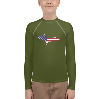 Michigan Upper Peninsula Rash Guard (w/ UP USA Flag) | Youth - Army Green