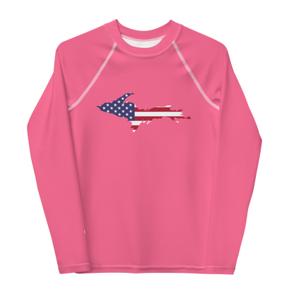 Michigan Upper Peninsula Rash Guard (w/ UP USA Flag) | Youth - Rhodochrosite Pink