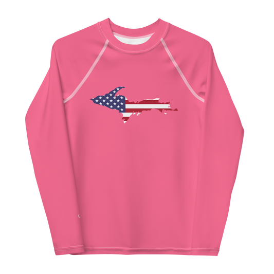 Michigan Upper Peninsula Rash Guard (w/ UP USA Flag) | Youth - Rhodochrosite Pink