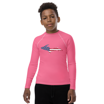 Michigan Upper Peninsula Rash Guard (w/ UP USA Flag) | Youth - Rhodochrosite Pink