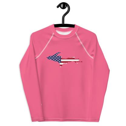 Michigan Upper Peninsula Rash Guard (w/ UP USA Flag) | Youth - Rhodochrosite Pink