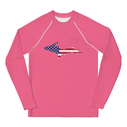 Michigan Upper Peninsula Rash Guard (w/ UP USA Flag) | Youth - Rhodochrosite Pink