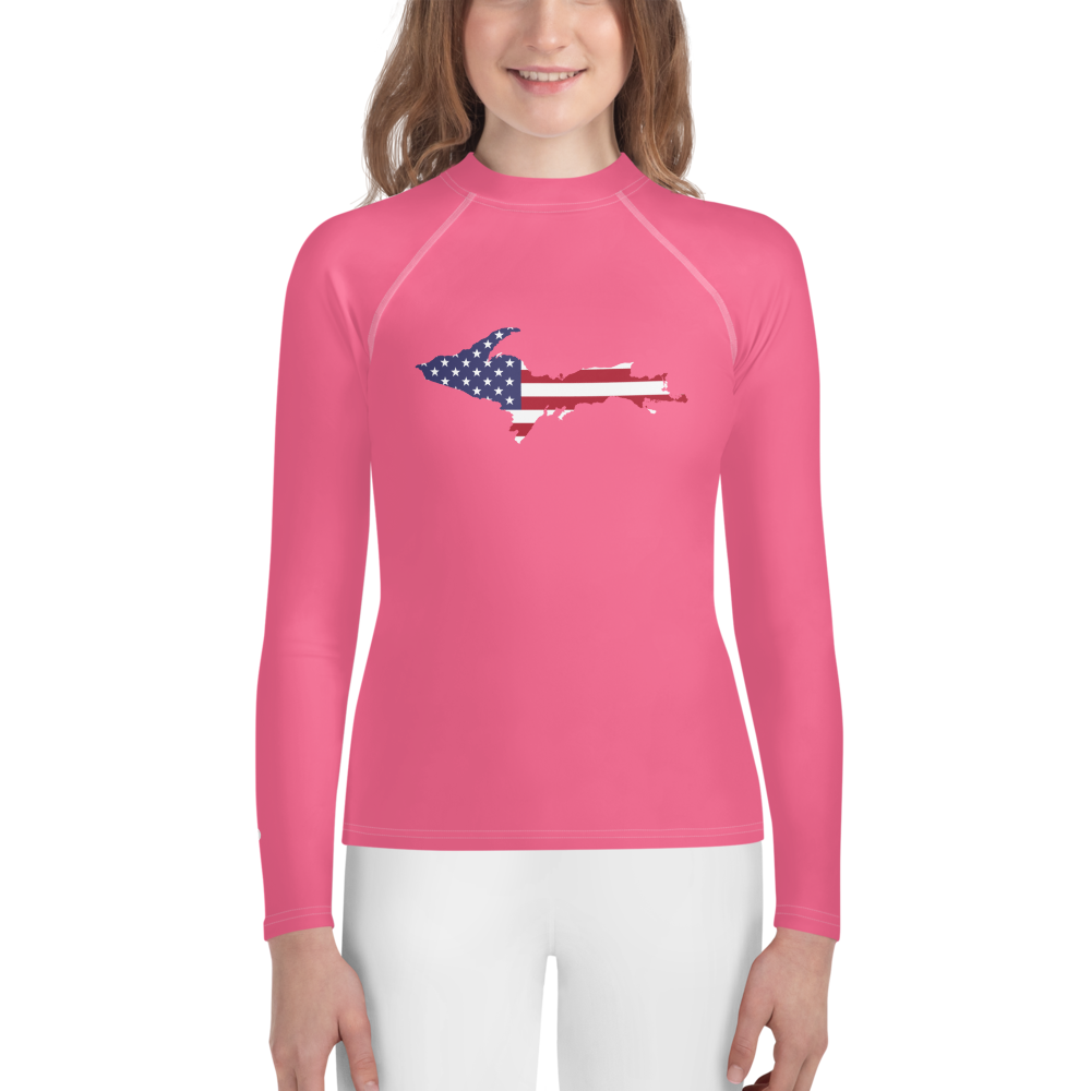 Michigan Upper Peninsula Rash Guard (w/ UP USA Flag) | Youth - Rhodochrosite Pink