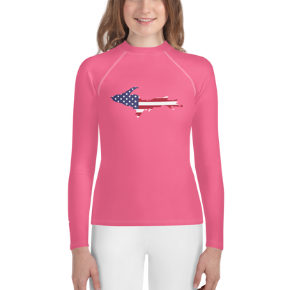 Michigan Upper Peninsula Rash Guard (w/ UP USA Flag) | Youth - Rhodochrosite Pink