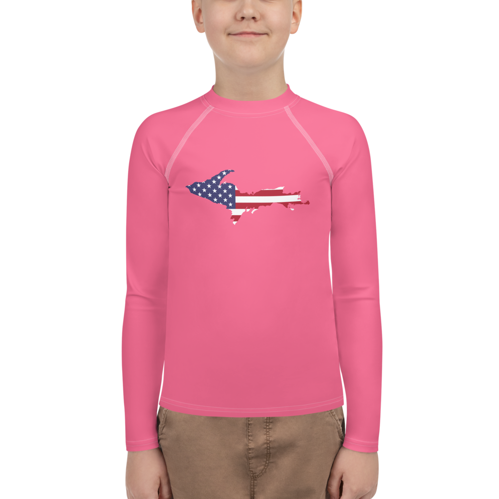 Michigan Upper Peninsula Rash Guard (w/ UP USA Flag) | Youth - Rhodochrosite Pink