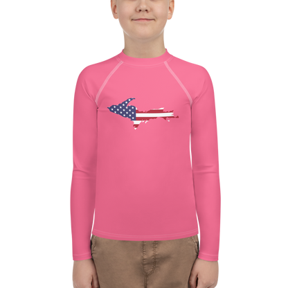 Michigan Upper Peninsula Rash Guard (w/ UP USA Flag) | Youth - Rhodochrosite Pink