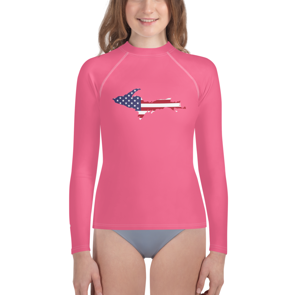 Michigan Upper Peninsula Rash Guard (w/ UP USA Flag) | Youth - Rhodochrosite Pink