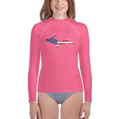 Michigan Upper Peninsula Rash Guard (w/ UP USA Flag) | Youth - Rhodochrosite Pink