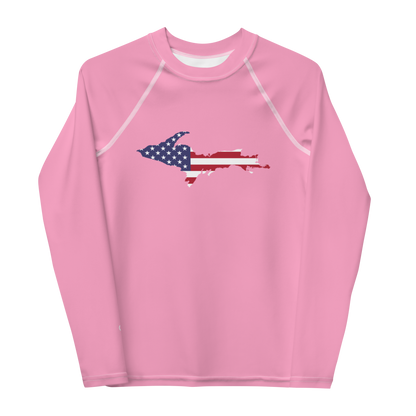 Michigan Upper Peninsula Rash Guard (w/ UP USA Flag) | Youth - Rhodochrosite Pink