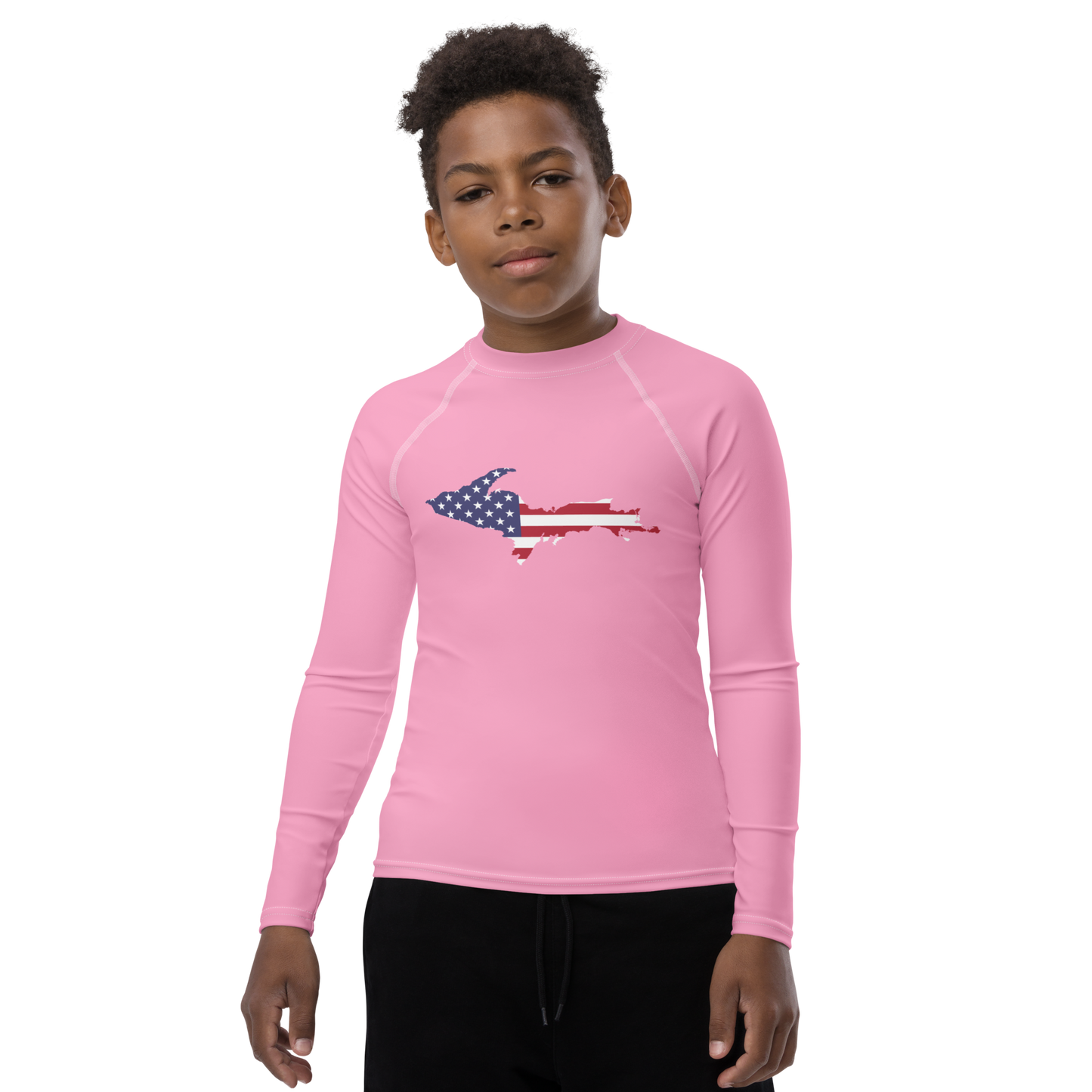 Michigan Upper Peninsula Rash Guard (w/ UP USA Flag) | Youth - Rhodochrosite Pink