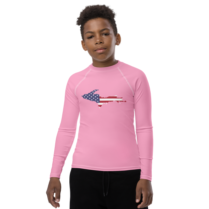 Michigan Upper Peninsula Rash Guard (w/ UP USA Flag) | Youth - Rhodochrosite Pink