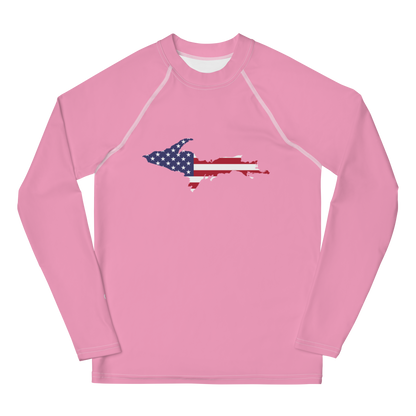 Michigan Upper Peninsula Rash Guard (w/ UP USA Flag) | Youth - Rhodochrosite Pink