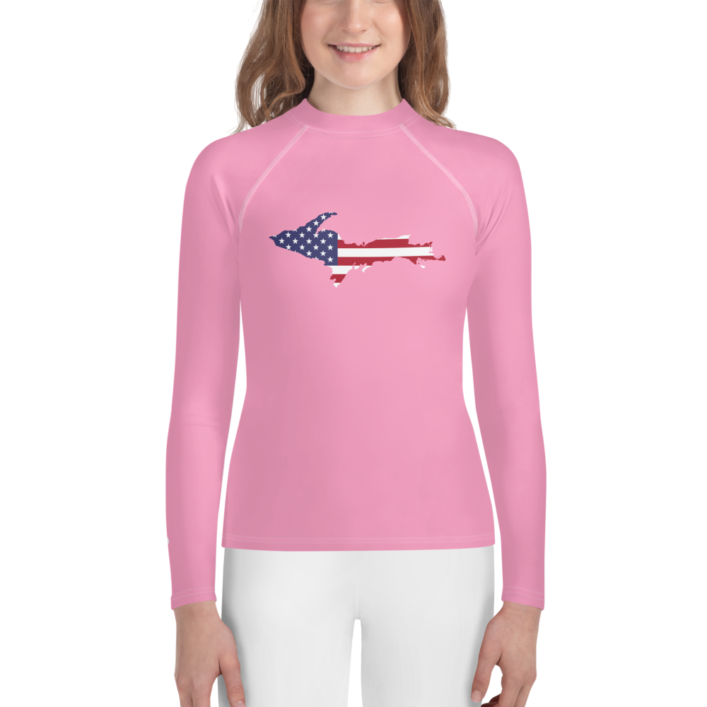 Michigan Upper Peninsula Rash Guard (w/ UP USA Flag) | Youth - Rhodochrosite Pink