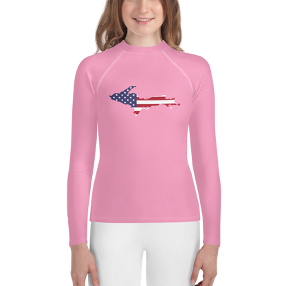 Michigan Upper Peninsula Rash Guard (w/ UP USA Flag) | Youth - Rhodochrosite Pink