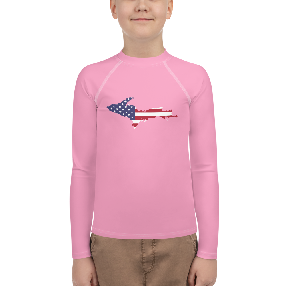 Michigan Upper Peninsula Rash Guard (w/ UP USA Flag) | Youth - Rhodochrosite Pink